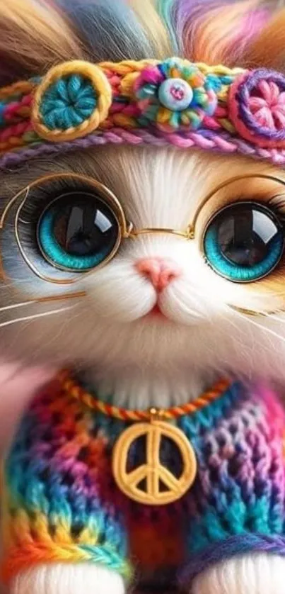 Hippie cat with colorful glasses and peace sign in vibrant attire.