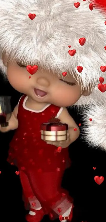 Cute 3D cartoon in a holiday outfit, surrounded by red hearts.