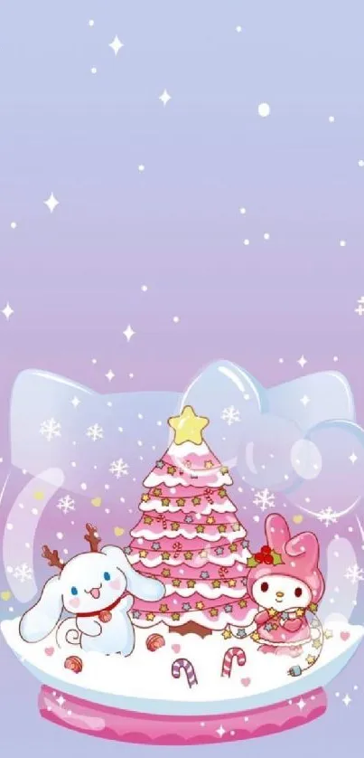 Cute cartoon snow globe with Christmas tree and characters in pastel colors.