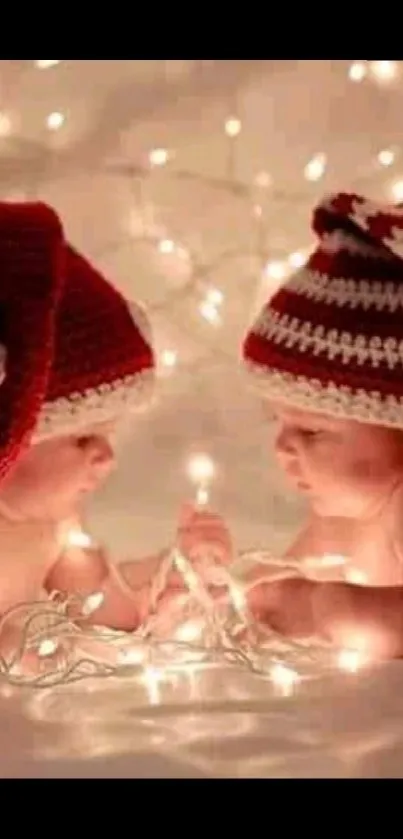 Cute twin babies with Christmas light decorations.