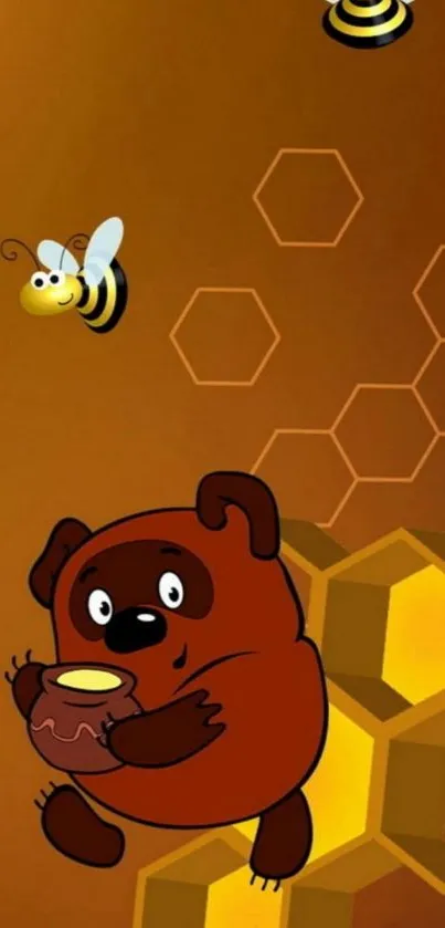 Cartoon bear with honey and bees on a brown background.