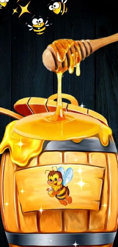 Cute honey bee wallpaper with barrel and honey dipper.