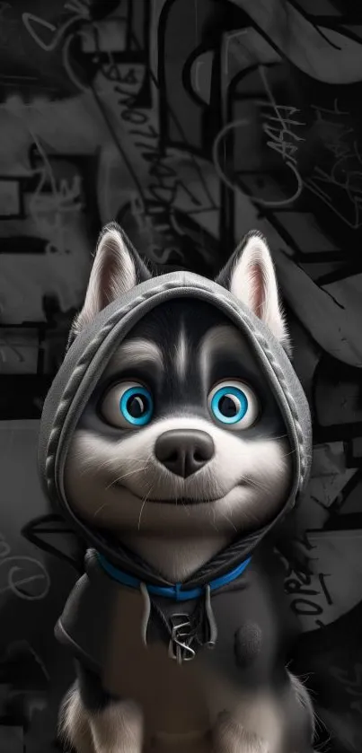 Cute cartoon husky in grey hoodie with blue eyes on dark background.