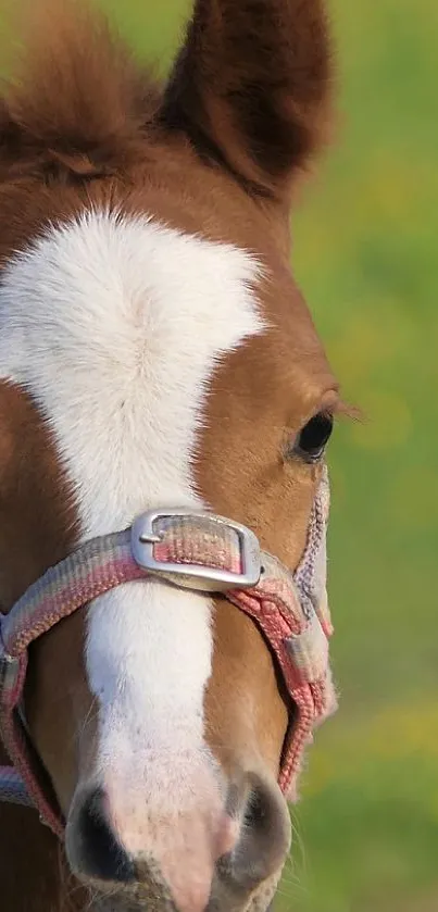 Close-up of a young brown horse with a white blaze in a natural setting.