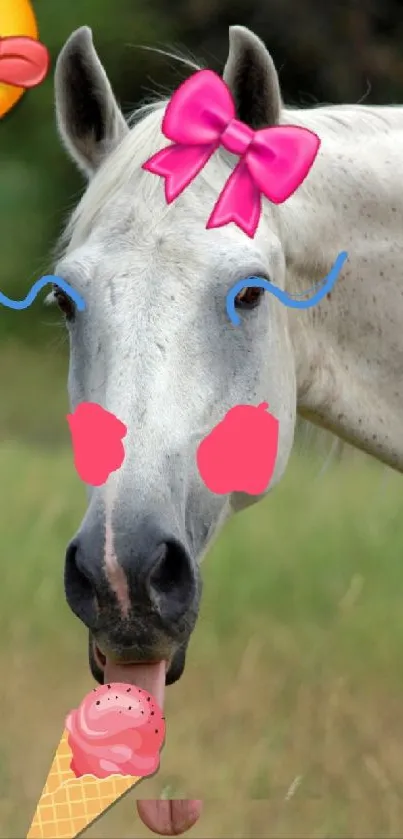 Smiling horse with emojis on colorful background.