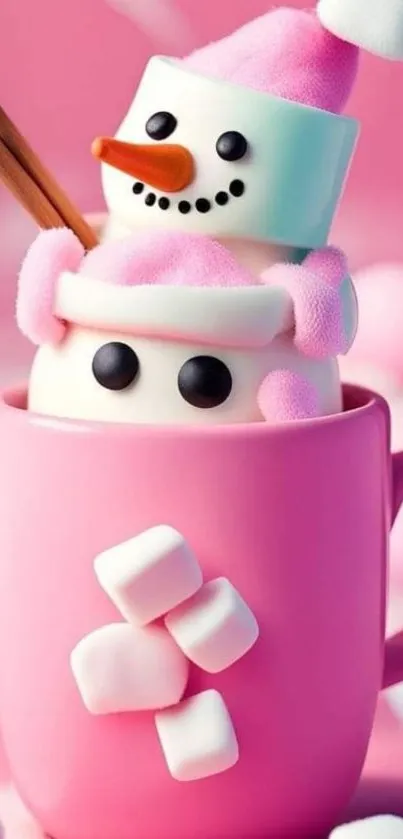 Cute pink mug with a marshmallow snowman for mobile wallpaper.