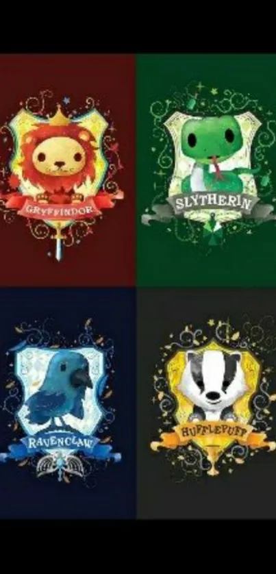 Adorable animal house crests wallpaper with colorful designs and fantasy theme.