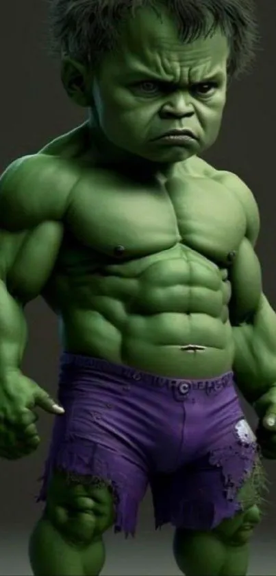 Cute green Hulk with purple shorts in a playful pose.