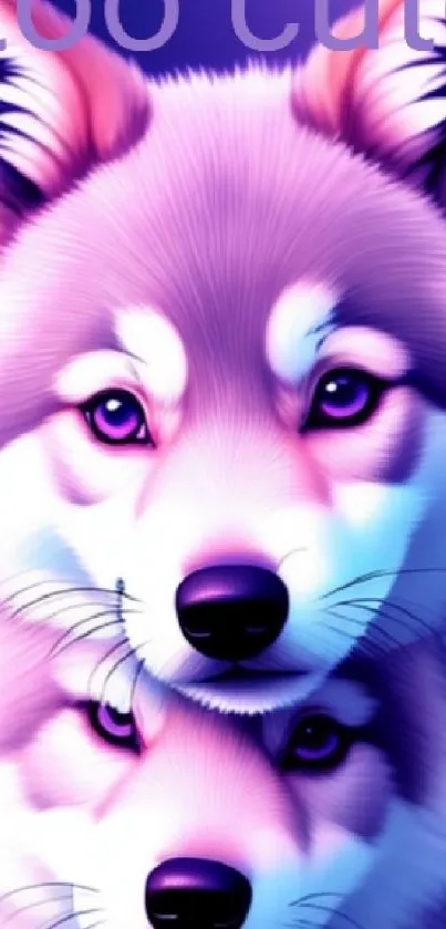 Digital artwork of two cute huskies stacked with a blue and purple background.