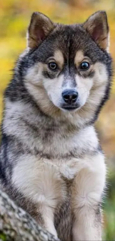 Cute husky dog perched on a tree log with autumn leaves in the background.