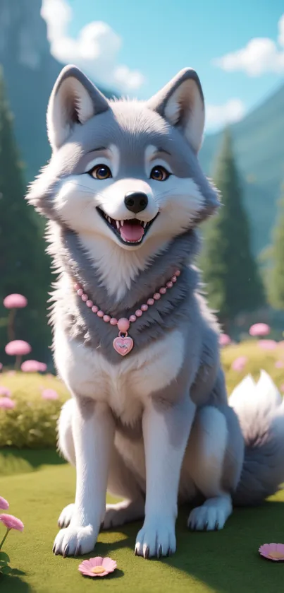 Adorable Husky with necklace in flower field.