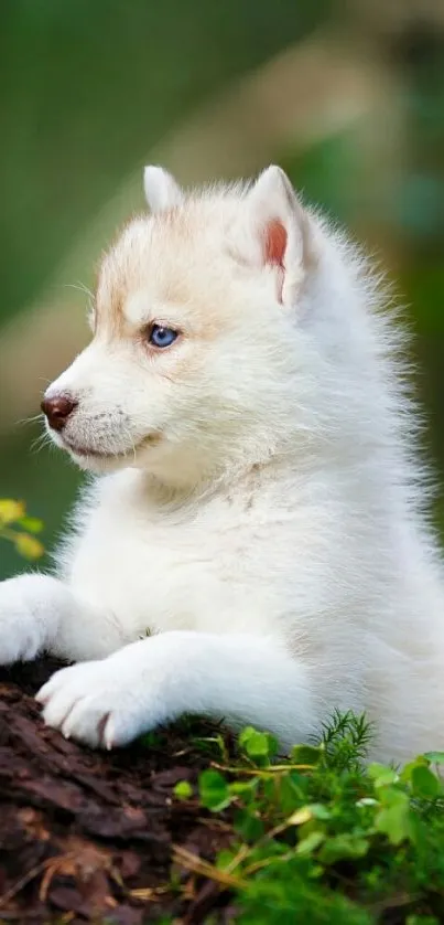 Adorable husky puppy with blue eyes in a forest setting.