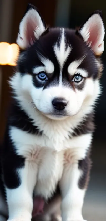 Adorable husky puppy with striking blue eyes sitting on a porch.