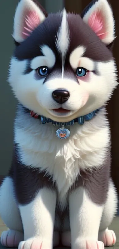 Adorable animated Husky puppy sitting indoors with a cute expression.