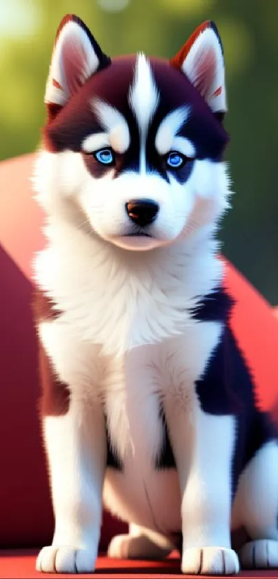 Adorable husky puppy with striking blue eyes sitting outdoors.