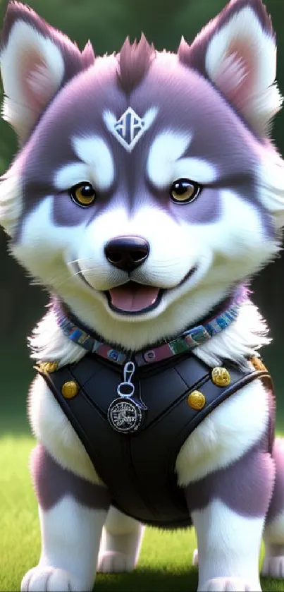 Adorable Husky puppy with harness sitting on grass.