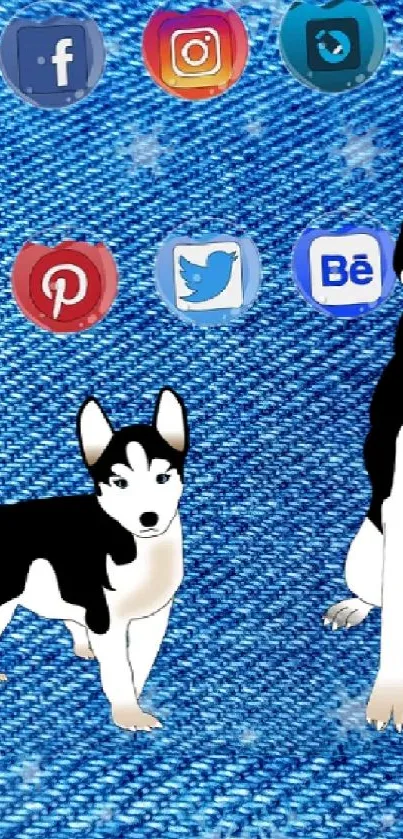 Husky dogs and social icons on denim background with colorful heart pattern.