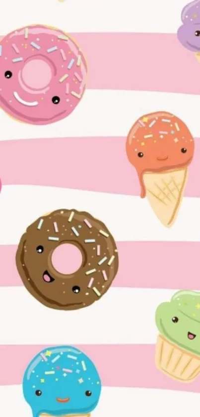 Cute pink striped wallpaper with donuts and ice cream.