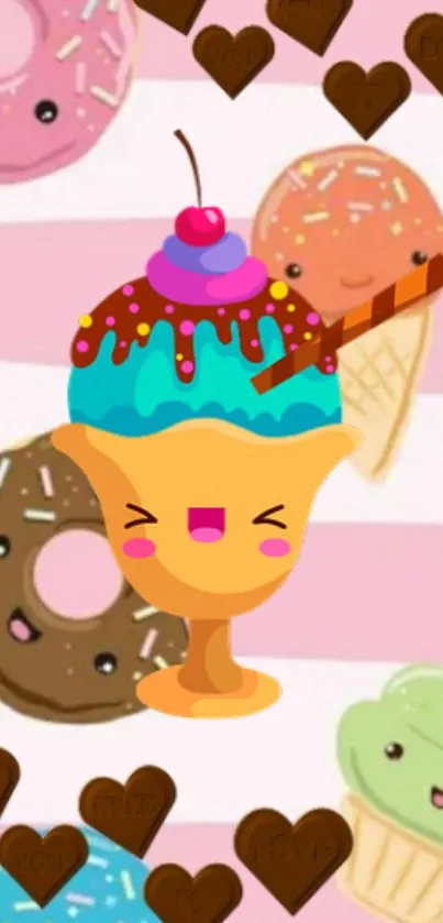 Cute cartoon ice cream with hearts and donuts.