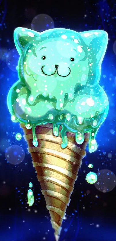 Cute neon ice cream cat with glowing colors on a dark background.