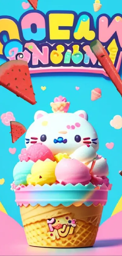 Cute cat with ice cream in bright colors on phone wallpaper.