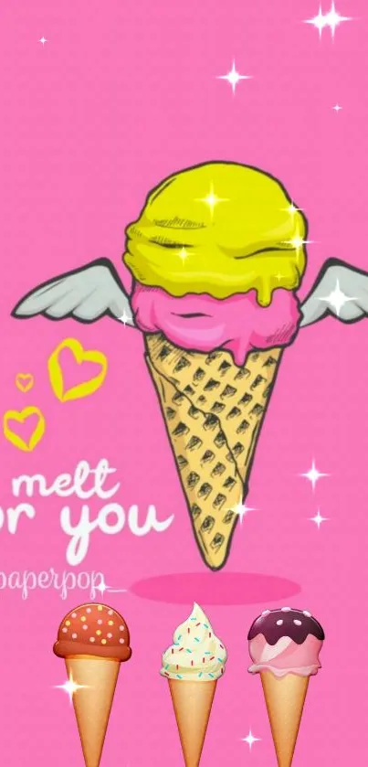 Cute ice cream cone with vibrant pink background and whimsical design.