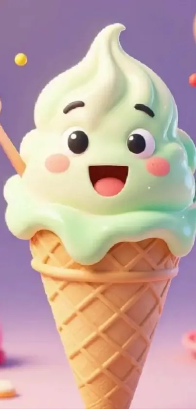 Smiling cartoon ice cream cone with utensils.