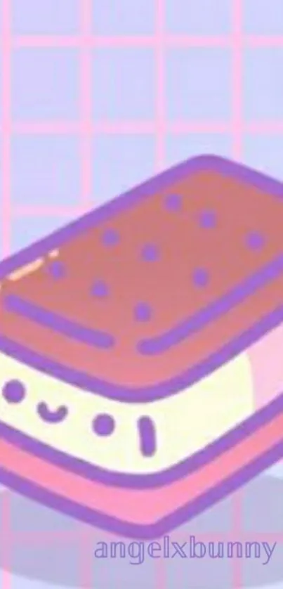 Kawaii ice cream sandwich with pastel purple grid background.