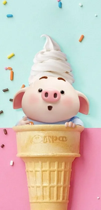 Cute pig in ice cream cone with pastel colors and sprinkles.