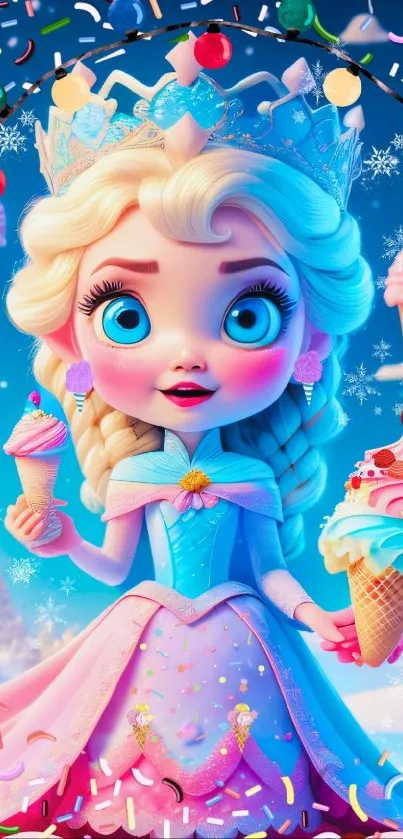 Adorable princess with ice cream cones in a colorful, whimsical setting.