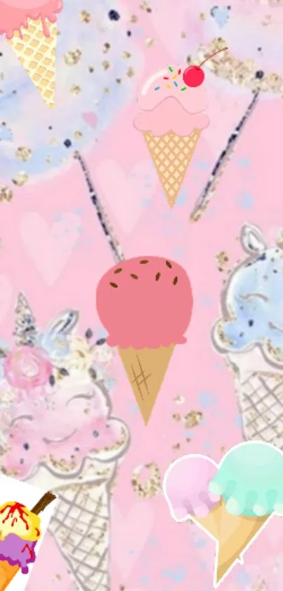 Adorable pink unicorn ice cream mobile wallpaper.