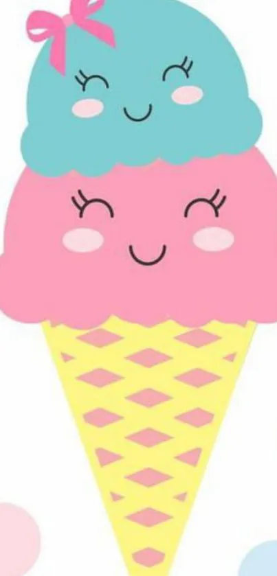 Cute pastel ice cream cone wallpaper with smiling faces.