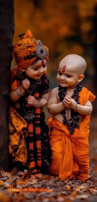 Two infants in traditional attire enjoy nature's beauty.