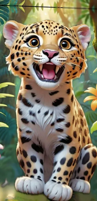 Playful animated leopard in lush jungle setting.