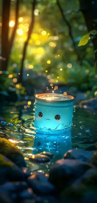 Adorable jar glows in enchanted forest setting.