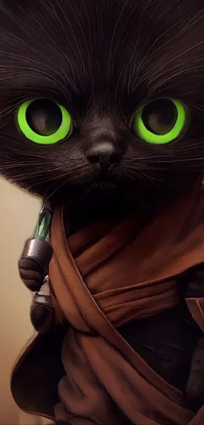 Cute cat in Jedi costume with green eyes on a mobile wallpaper.