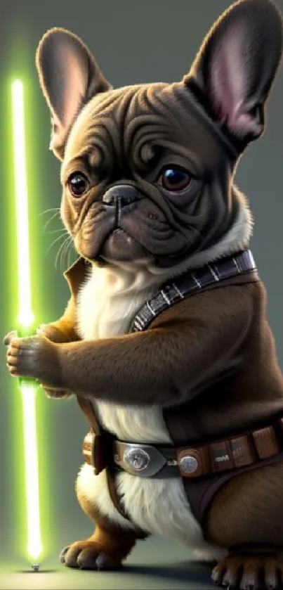 Cute French Bulldog dressed as a Jedi holding a green lightsaber.