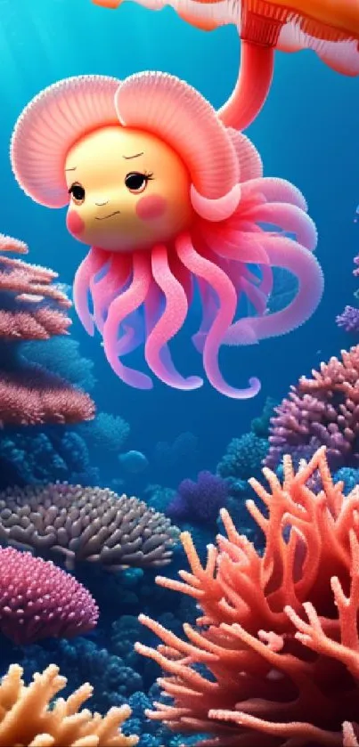 Cute animated jellyfish among colorful coral reefs underwater.