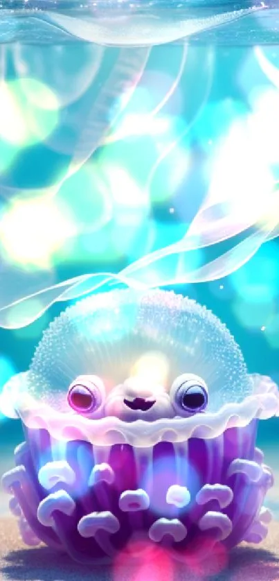 Whimsical cute jellyfish in vibrant purple underwater setting.