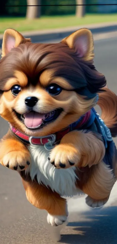 Adorable animated puppy joyfully jumping outdoors, full of energy.