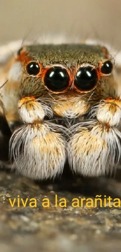 Closeup of a cute jumping spider on a rock surface.