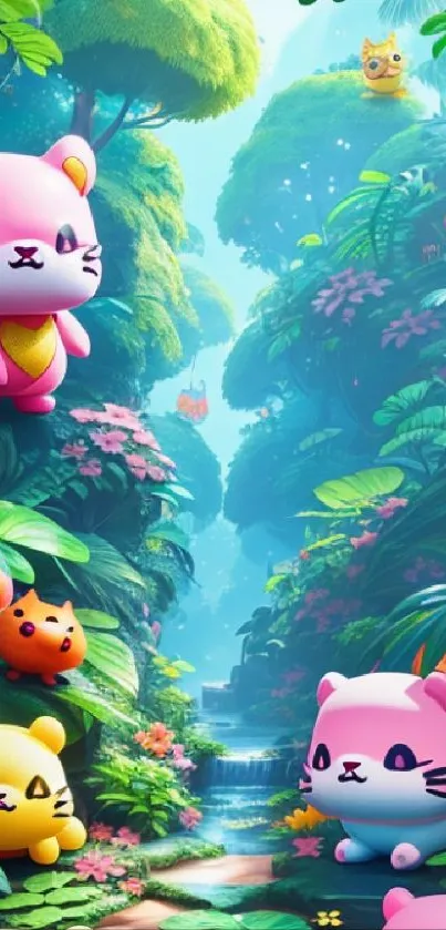 Cute cat characters in a lush jungle setting with colorful plants.