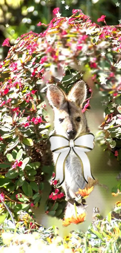 Kangaroo with ribbon among colorful flowers.