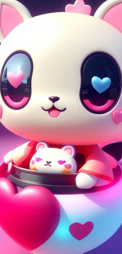 Adorable kawaii cat with heart design on a vibrant wallpaper.