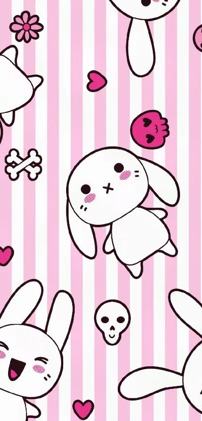 Kawaii bunny wallpaper with pink stripes, hearts, and skulls.