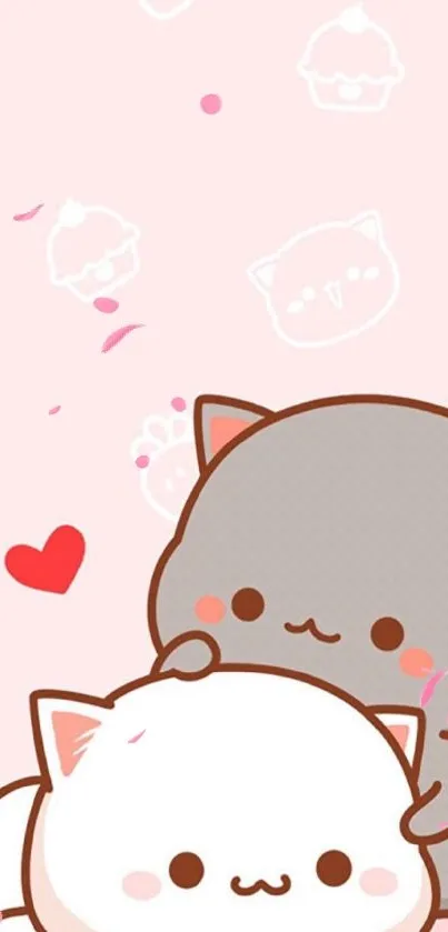 Kawaii cartoon cats on pastel pink background.