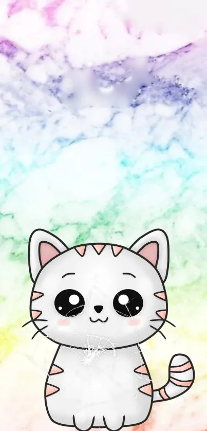 Cute kawaii cat with pastel rainbow background wallpaper.