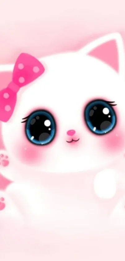 Cute kawaii cat with big eyes and pink bow wallpaper.