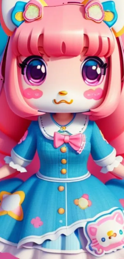 Kawaii character in vibrant colors with pink and blue accents on a phone wallpaper.