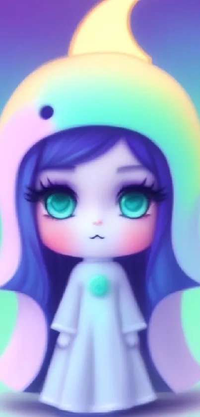 Kawaii character with green eyes and colorful hood in purple shades.